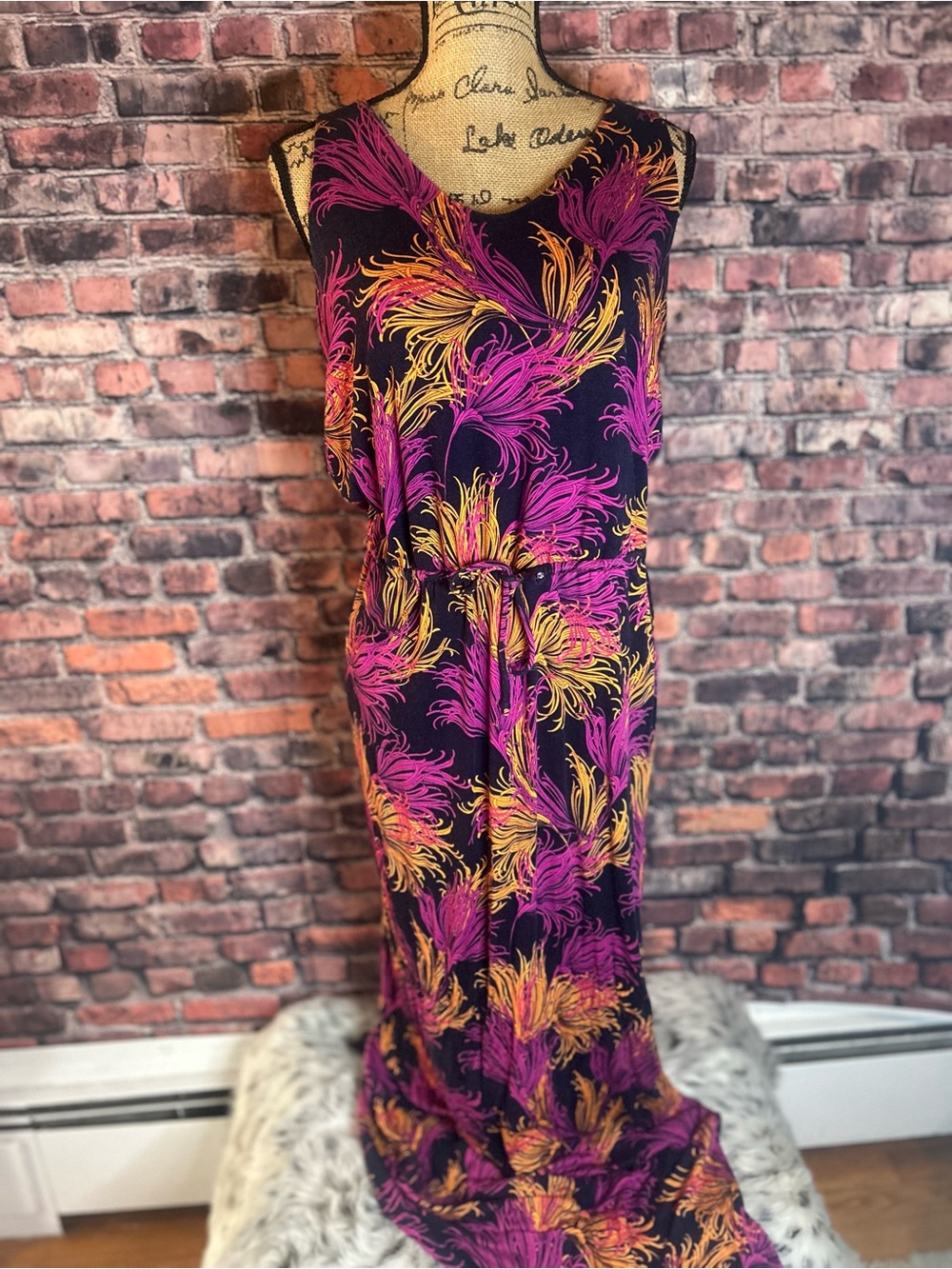 Banana Republic Black Maxi Dress with Pink & Yellow Feather Print